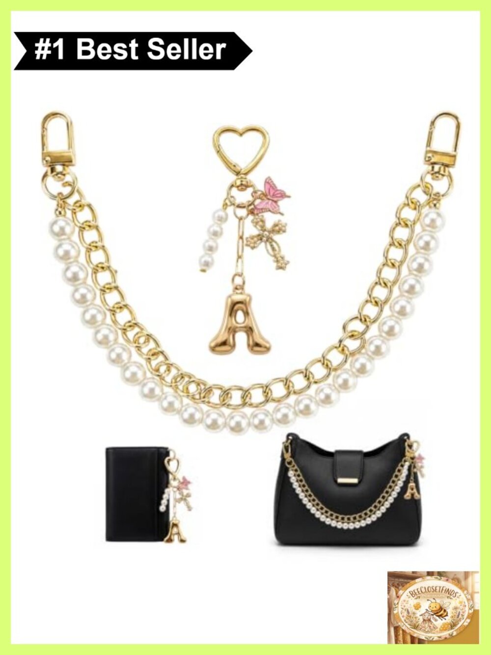 Gold Tone Initial Keychain Set with Pearl Bag Charm for Handbags